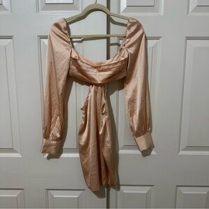 Oh Polly Mini Dress Size 2 Nude Peach Satin Cut Out Sides Long Sleeved Party